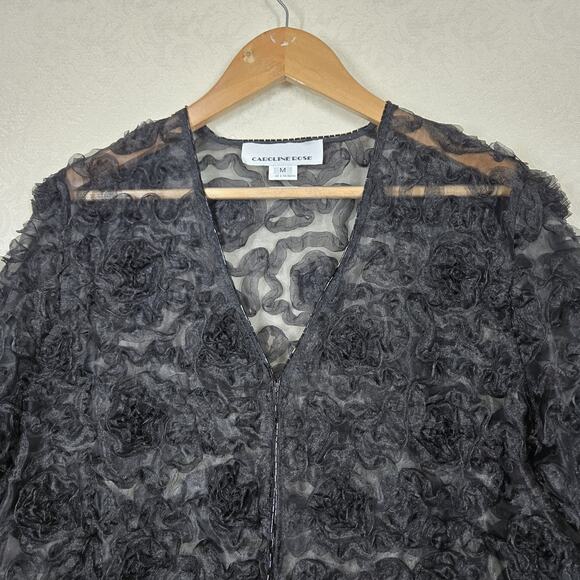 Caroline Rose Sheer Cardigan Jacket sz M Black Beaded Trim - Picture 2 of 13